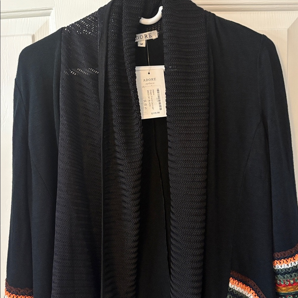 NWT ADORE Brand Bohemian Black Open Front Cardigan with Gorgeous Colorful Trim - Picture 5 of 17